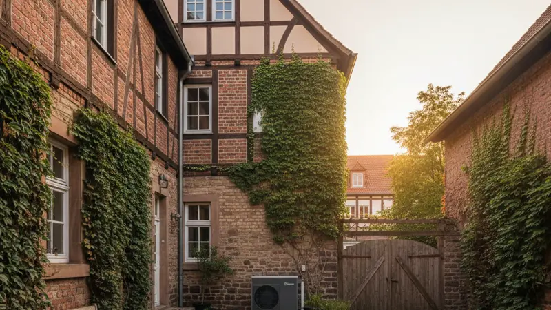 Wärmepumpe vor einem Bielefelder Einfamilienhaus mit Blick auf den Teutoburger Wald