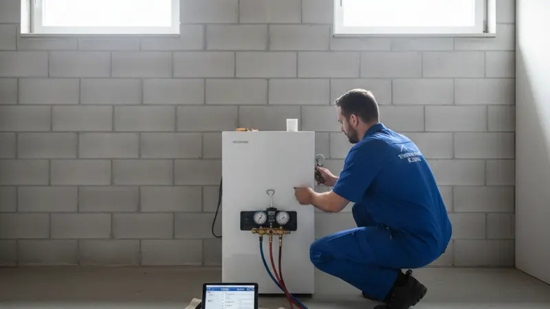 Heizungsmonteure bei der Wärmepumpen-Installation an einem Bielefelder Einfamilienhaus