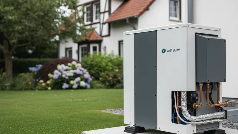 Wärmepumpe im Innenhof eines renovierten Bielefelder Altbaus mit westfälischer Backsteinarchitektur