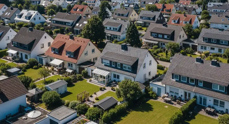 Aerial drone view of typical German residential neighborhood with mixed roof types, red and dark roof tiles, gardens visible, sunny day
