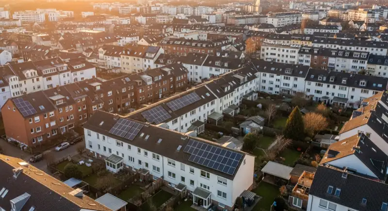 Aerial drone view of typical German residential neighborhood with mixed roof types, red and dark roof tiles, gardens visible, sunny day