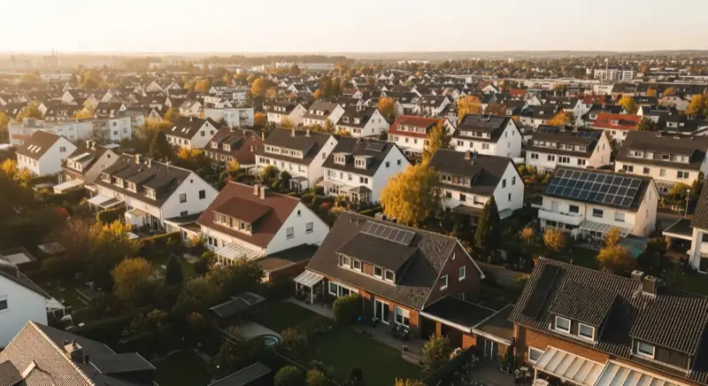 Aerial drone view of typical German residential neighborhood with mixed roof types, red and dark roof tiles, gardens visible, sunny day