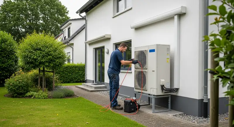 Servicetechniker bei der Wartung einer Wärmepumpen-Außeneinheit vor einem Einfamilienhaus in Bielefeld