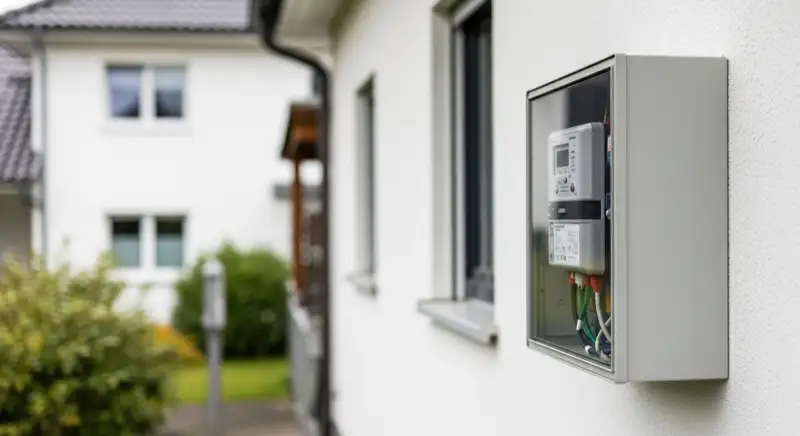 Modern German electrical meter cabinet (Zählerschrank) with smart meter and solar inverter connection, clean technical installation