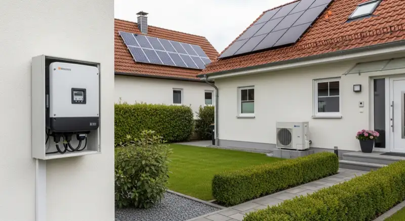 Modern German electrical meter cabinet (Zählerschrank) with smart meter and solar inverter connection, clean technical installation