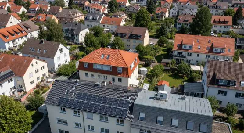 Aerial drone view of typical German residential neighborhood with mixed roof types, red and dark roof tiles, gardens visible, sunny day