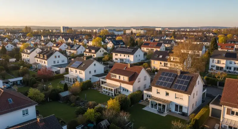 Aerial drone view of typical German residential neighborhood with mixed roof types, red and dark roof tiles, gardens visible, sunny day