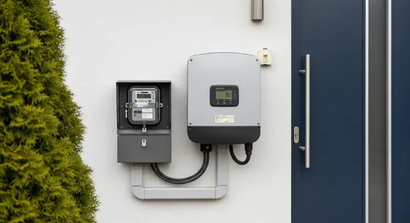 Modern German electrical meter cabinet (Zählerschrank) with smart meter and solar inverter connection, clean technical installation