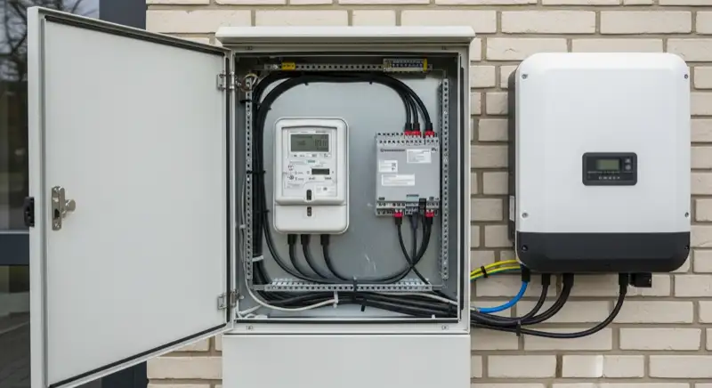 Modern German electrical meter cabinet (Zählerschrank) with smart meter and solar inverter connection, clean technical installation