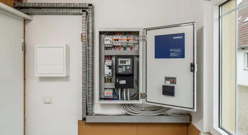 Modern German electrical meter cabinet (Zählerschrank) with smart meter and solar inverter connection, clean technical installation