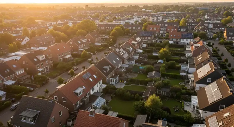 Aerial drone view of typical German residential neighborhood with mixed roof types, red and dark roof tiles, gardens visible, sunny day