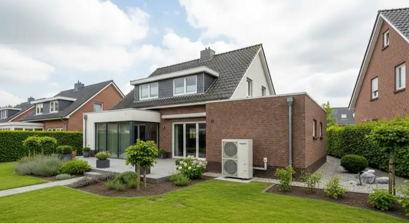 Einfamilienhaus mit Wärmepumpen-Außeneinheit im Garten eines Bocholter Stadtteils