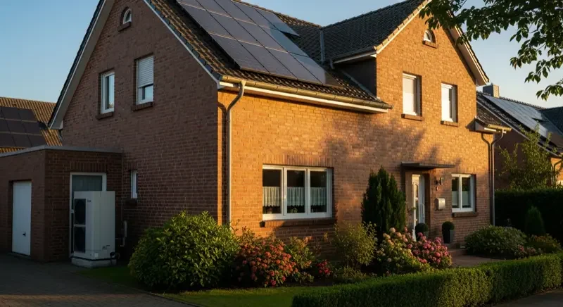 Wärmepumpe vor einem Bochumer Einfamilienhaus im Ruhrgebiet, moderne Luft-Wasser-Wärmepumpe im Garten