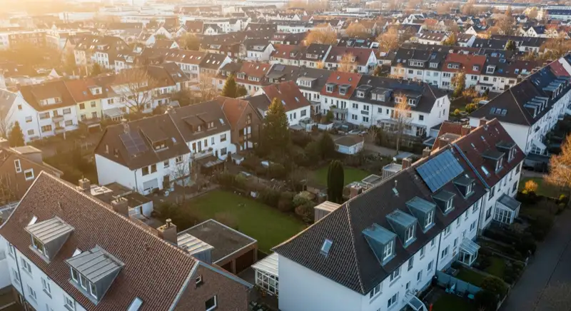Aerial drone view of typical German residential neighborhood with mixed roof types, red and dark roof tiles, gardens visible, sunny day