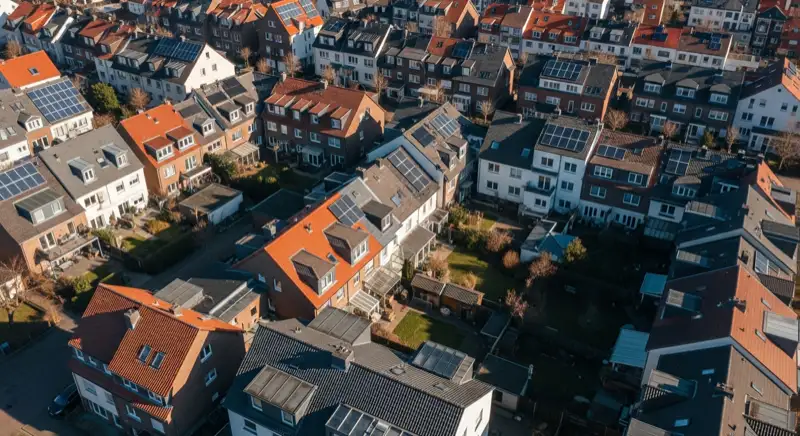Aerial drone view of typical German residential neighborhood with mixed roof types, red and dark roof tiles, gardens visible, sunny day