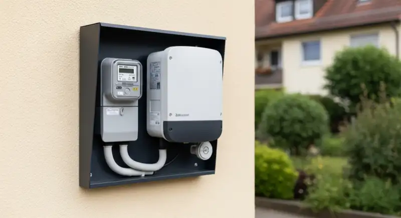 Modern German electrical meter cabinet (Zählerschrank) with smart meter and solar inverter connection, clean technical installation