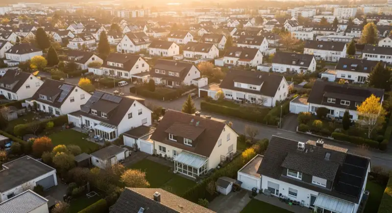 Aerial drone view of typical German residential neighborhood with mixed roof types, red and dark roof tiles, gardens visible, sunny day