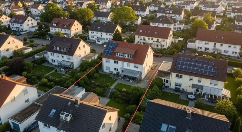 Aerial drone view of typical German residential neighborhood with mixed roof types, red and dark roof tiles, gardens visible, sunny day