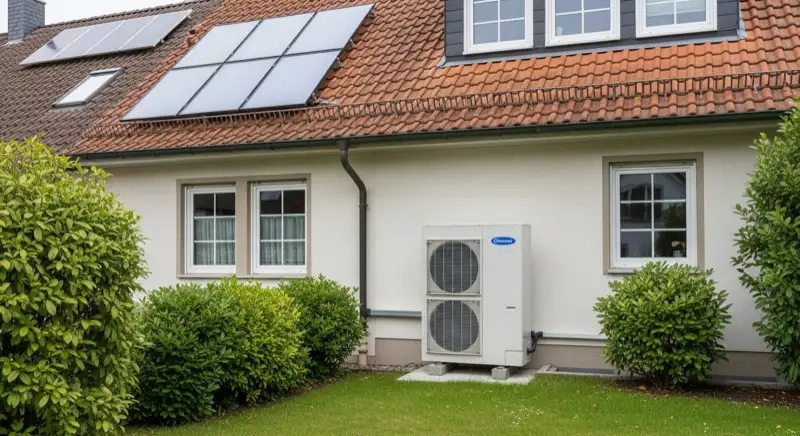 Wartungstechniker überprüft Wärmepumpen-Außeneinheit in Böblingen