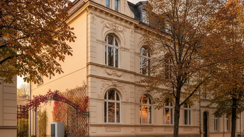 Wärmepumpe vor einem Bonner Einfamilienhaus mit Blick auf das Rheintal, moderne Luft-Wasser-Wärmepumpe im Garten