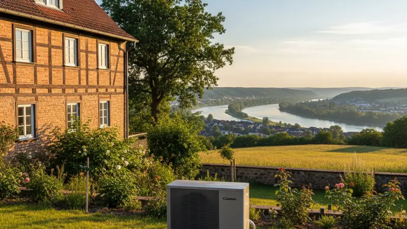 Energieberater erklärt einem Bonner Ehepaar die Förderoptionen für eine Wärmepumpe, Beratungsgespräch am Schreibtisch