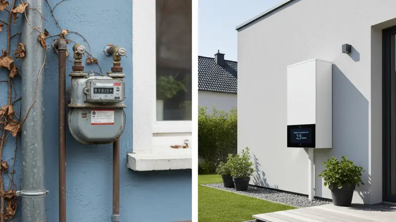 Heizungsmonteur bei der Wärmepumpen-Installation im Keller eines Bonner Einfamilienhauses