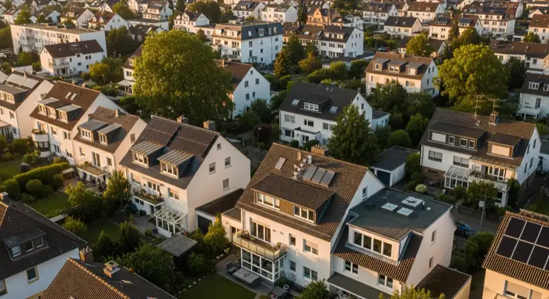 Wohngebiete in Bonn mit verschiedenen Bauformen, typische Einfamilienhäuser und Dachstrukturen aus der Luft