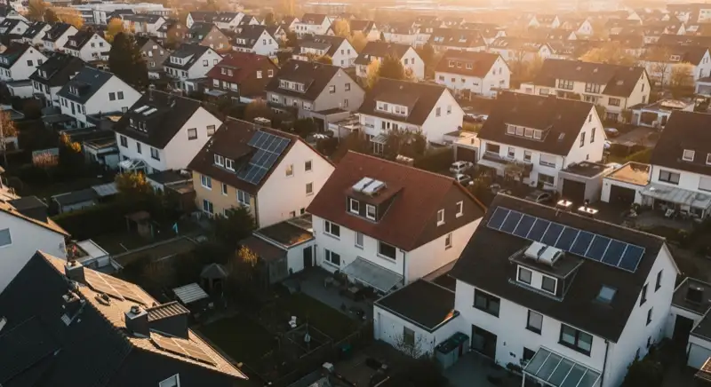 Aerial drone view of typical German residential neighborhood with mixed roof types, red and dark roof tiles, gardens visible, sunny day