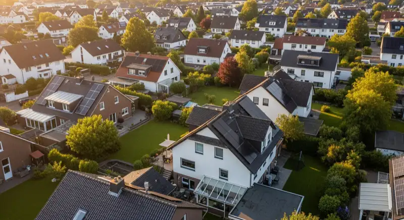 Aerial drone view of typical German residential neighborhood with mixed roof types, red and dark roof tiles, gardens visible, sunny day