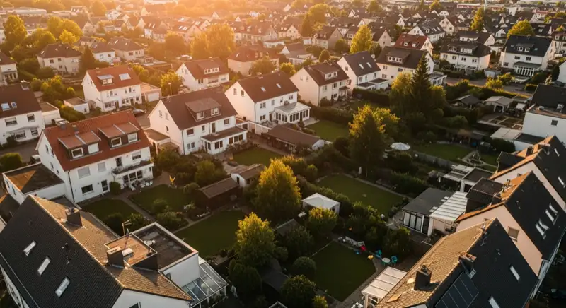 Aerial drone view of typical German residential neighborhood with mixed roof types, red and dark roof tiles, gardens visible, sunny day