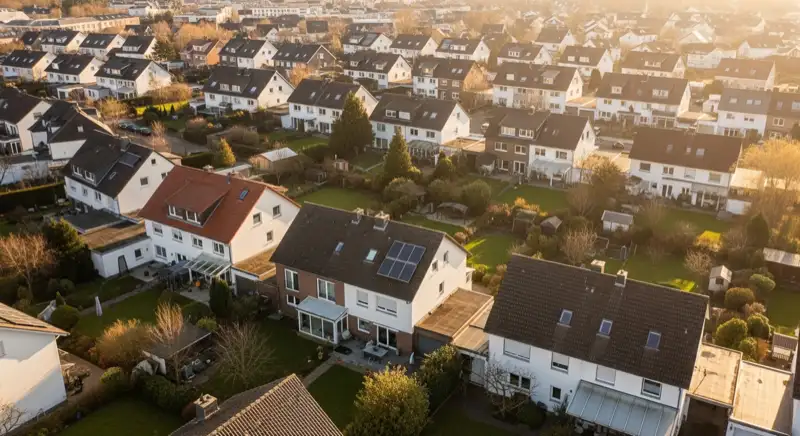Aerial drone view of typical German residential neighborhood with mixed roof types, red and dark roof tiles, gardens visible, sunny day