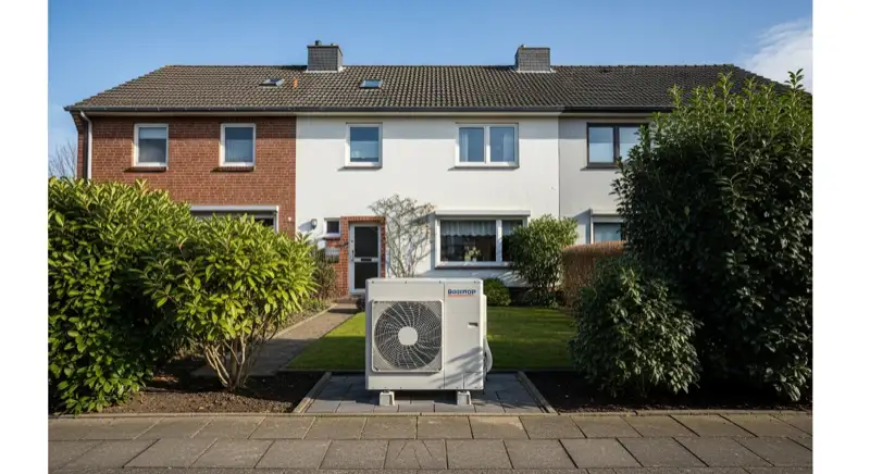 Servicetechniker wartet Wärmepumpen-Außeneinheit vor typischem Bottroper Einfamilienhaus