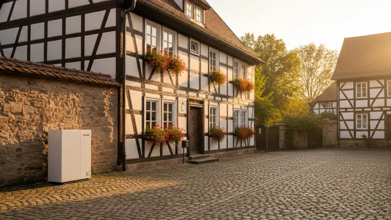 Historisches Fachwerkhaus in Braunschweig mit diskret installierter Wärmepumpe im Hinterhof