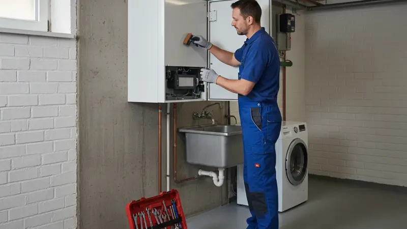 Techniker bei der Wartung einer Wärmepumpe in einem Braunschweiger Keller