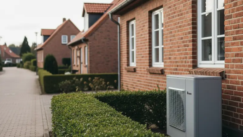 Luft-Wasser-Wärmepumpe im Garten eines Braunschweiger Einfamilienhauses, Backsteingebäude im Hintergrund