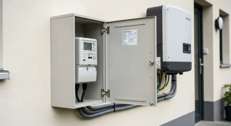 Modern German electrical meter cabinet (Zählerschrank) with smart meter and solar inverter connection, clean technical installation