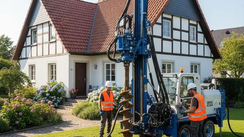 Erdsondenbohrung für eine Sole-Wasser-Wärmepumpe auf einem Braunschweiger Grundstück