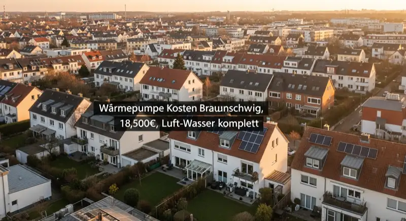 Aerial drone view of typical German residential neighborhood with mixed roof types, red and dark roof tiles, gardens visible, sunny day