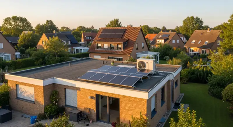 Einfamilienhaus in Bremen mit moderner Luft-Wasser-Wärmepumpe im Garten aufgestellt