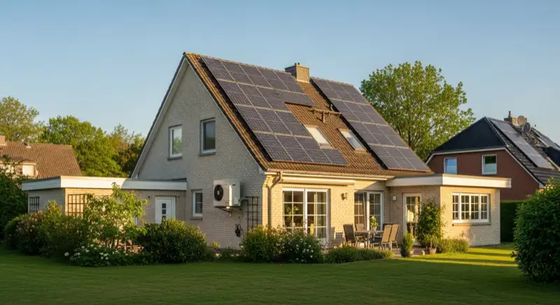 German detached house (Einfamilienhaus) with photovoltaic panels on pitched roof, well-maintained garden, warm afternoon sunlight