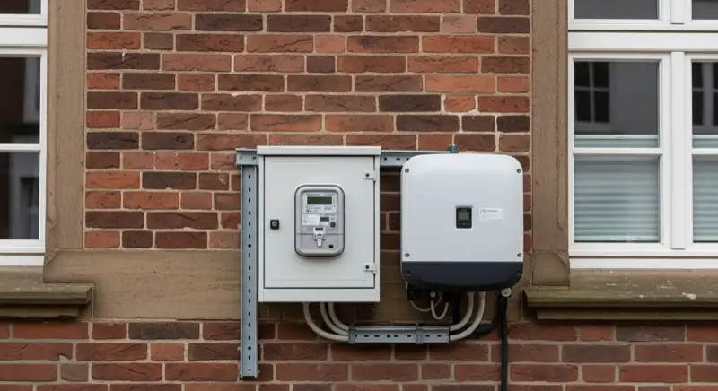 Modern German electrical meter cabinet (Zählerschrank) with smart meter and solar inverter connection, clean technical installation