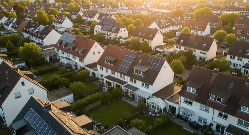 Aerial drone view of typical German residential neighborhood with mixed roof types, red and dark roof tiles, gardens visible, sunny day