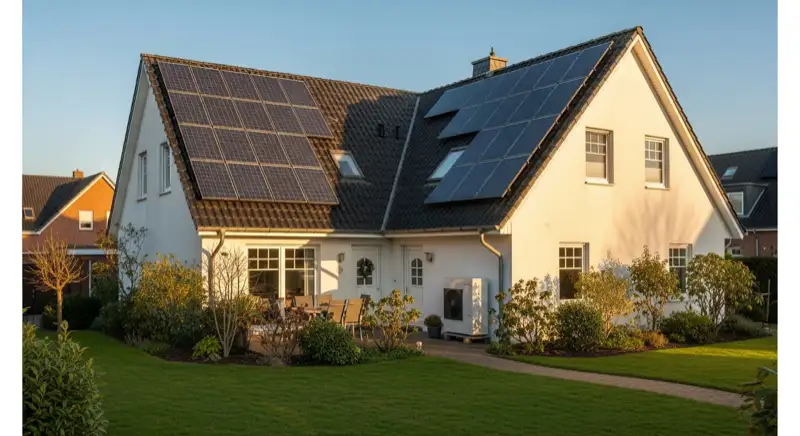 German detached house (Einfamilienhaus) with photovoltaic panels on pitched roof, well-maintained garden, warm afternoon sunlight