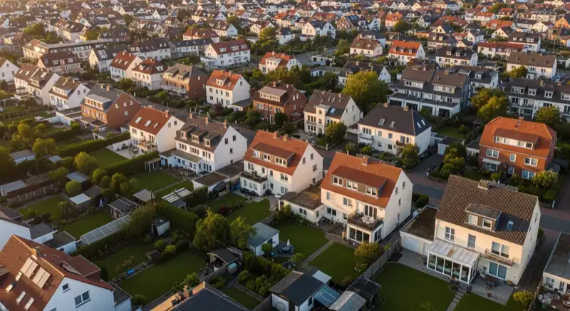 Aerial drone view of typical German residential neighborhood with mixed roof types, red and dark roof tiles, gardens visible, sunny day