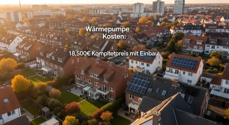 Aerial drone view of typical German residential neighborhood with mixed roof types, red and dark roof tiles, gardens visible, sunny day