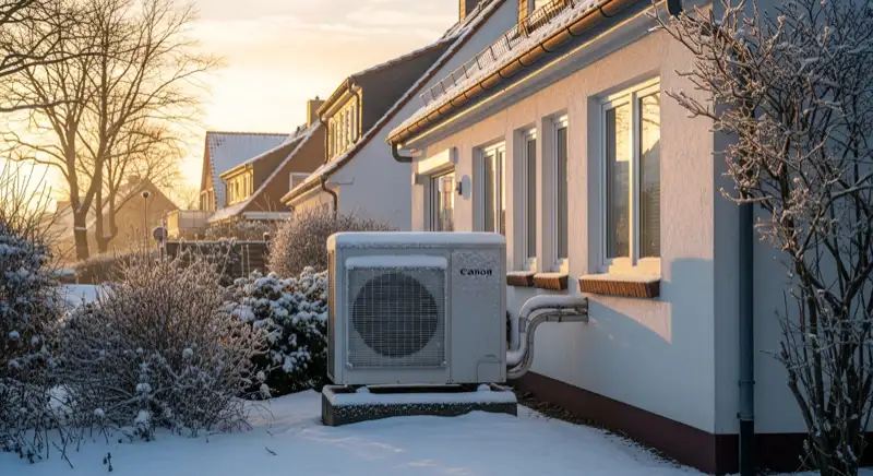 Wärmepumpen-Außeneinheit bei Frost und Schnee in Bremerhaven