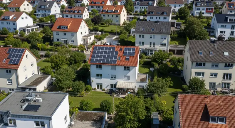 Aerial drone view of typical German residential neighborhood with mixed roof types, red and dark roof tiles, gardens visible, sunny day