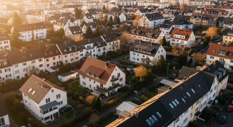Aerial drone view of typical German residential neighborhood with mixed roof types, red and dark roof tiles, gardens visible, sunny day