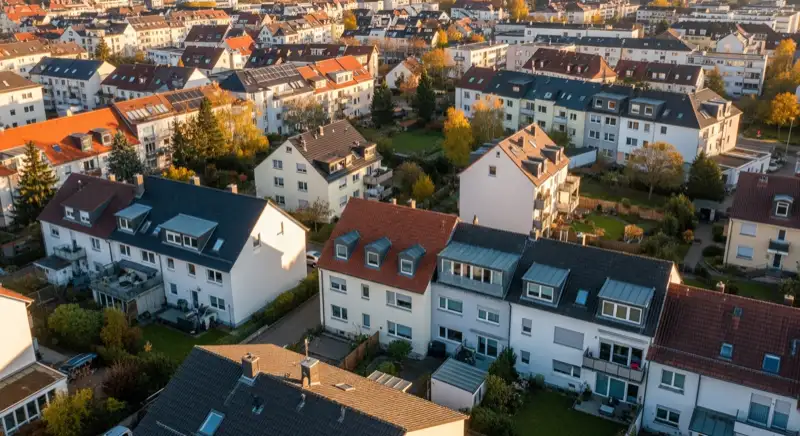 Aerial drone view of typical German residential neighborhood with mixed roof types, red and dark roof tiles, gardens visible, sunny day