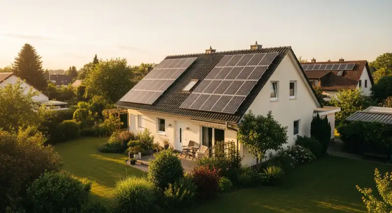 German detached house (Einfamilienhaus) with photovoltaic panels on pitched roof, well-maintained garden, warm afternoon sunlight